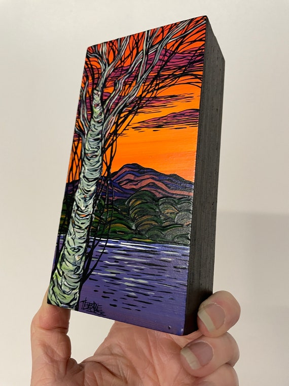 3x6” Orange Sunset Over Lake Birch Tree Birchscape 1 Original Painting by Tracy Levesque