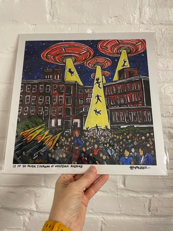 12x12” Lowell Monsters Print Alien Invasion at Western Avenue Studios UFOs in Lowell Mills Merrimack Valley Monster Print by Tracy Levesque