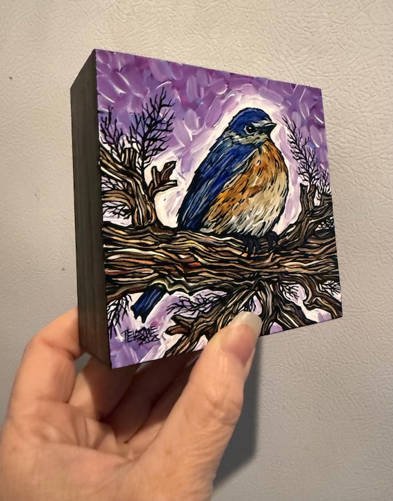 Bluebird Painting: Original Acrylic Art on Wood Panel, 4x4"
