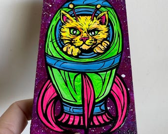 Rocket Cat Painting: Whimsical UV Reactive Acrylic Art (3x6”)