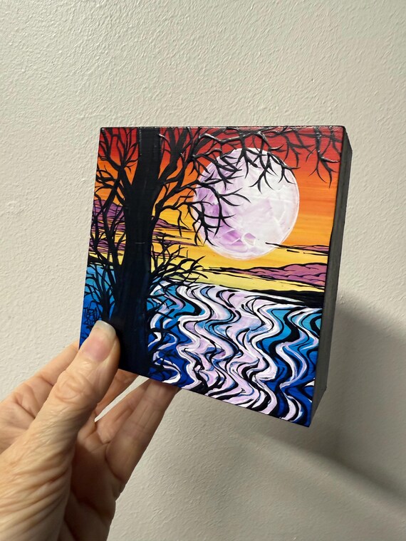 4x4" Golden Light Tree Colorful Tree painting by Tracy Levesque