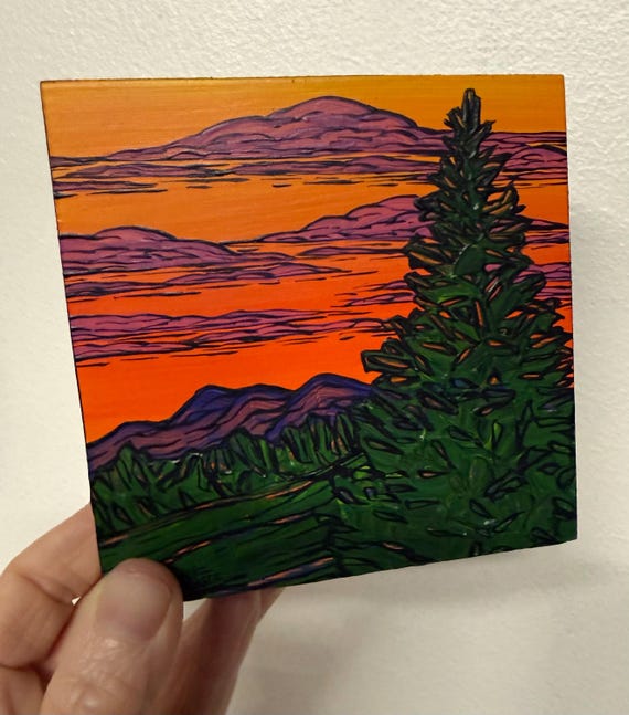 New Hampshire Mountains Sunset Evergreen Tree Painting: 4x4" Acrylic Landscape Art