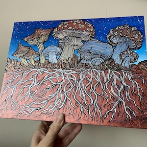 9x12” Iridescent Fantastic Fungi Mushrooms Mycelium Roots Entangled  Amazing Nature painting by Tracy Levesque