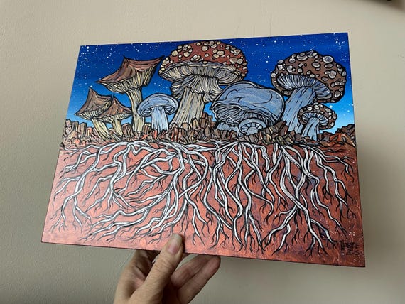 9x12” Iridescent Fantastic Fungi Mushrooms Mycelium Roots Entangled  Amazing Nature painting by Tracy Levesque