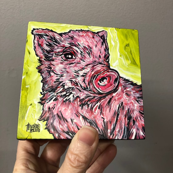 4x4” Happy Piglet original acrylic painting by Tracy Levesque