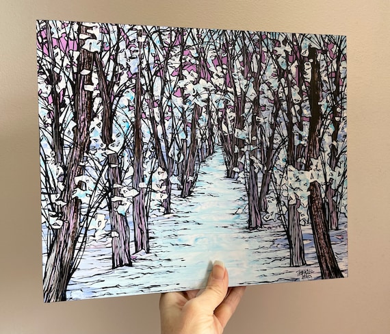 10x12” A Winter’s Walk Path Through the Forest Winter Woods original painting by Tracy Levesque