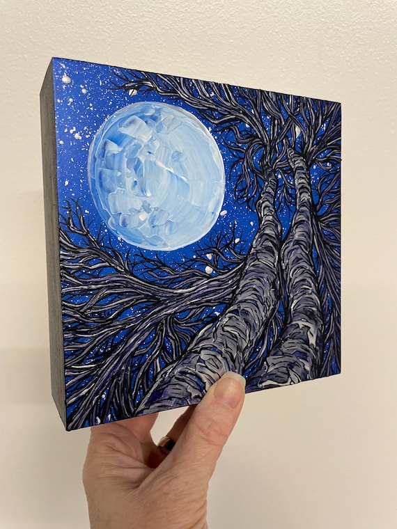6x6” Moonlighing Trees Full Moon Iridescent Birch Trees Night Sky original painting by Tracy Levesque