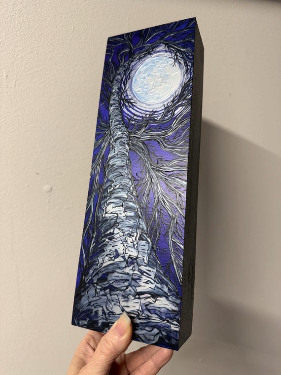 4x12” Full Moon Silver Tree Night Sky  iridescent acrylic painting by Tracy Levesque