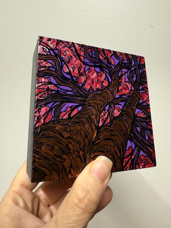4x4" A Pretty Pair of Magnolia Trees Beautidul Iridescent Spring Tree Painting acrylic mini painting by Tracy Levesque