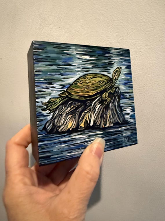 4x4” Happy Sunbather Turtle on a Rock Sunbathing Turtle Painting Original Art by Tracy Levesque