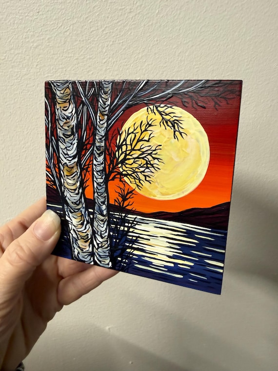 Full Moon Red Sky Birch Tree Painting by Tracy Levesque (4x4”)