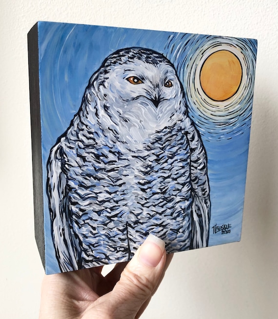 5x5” Majestic Snowy Owl of Winter original acrylic painting by Tracy Levesque