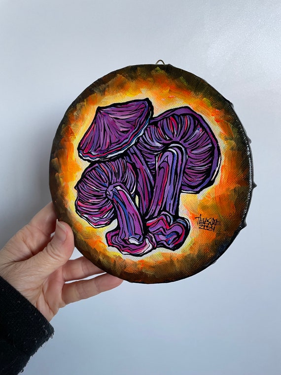 6” Round UV Reactive Fluorescent Neon Mushroom Blewit Fungi Original Acrylic painting by Tracy Levesque