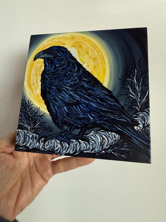 5x5” Mysterious Midnight Raven Full Moon Night Sky painting by Tracy Levesque
