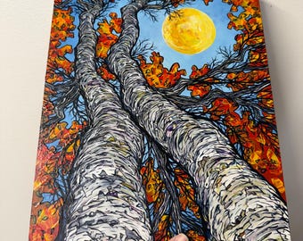 Fall Birch Trees in the Sun Acrylic Painting by Tracy Levesque (11x14”)