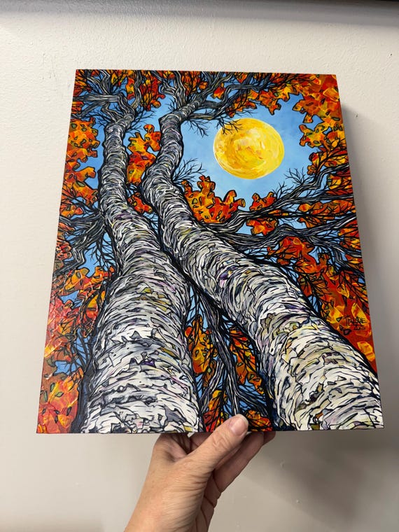 Fall Birch Trees in the Sun Acrylic Painting by Tracy Levesque (11x14”)