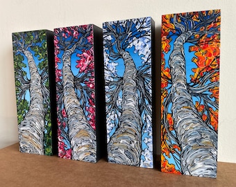 Four Seasons Tree Painting Set: Original Acrylic Birch Tree Art (3x9”)
