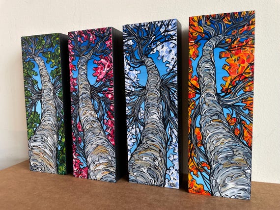 A Tree for All Seasons Summer Fall Winter Spring 4 Seasons Tree Collection Birch Trees Set of (4) 3x9” paintings by Tracy Levesque