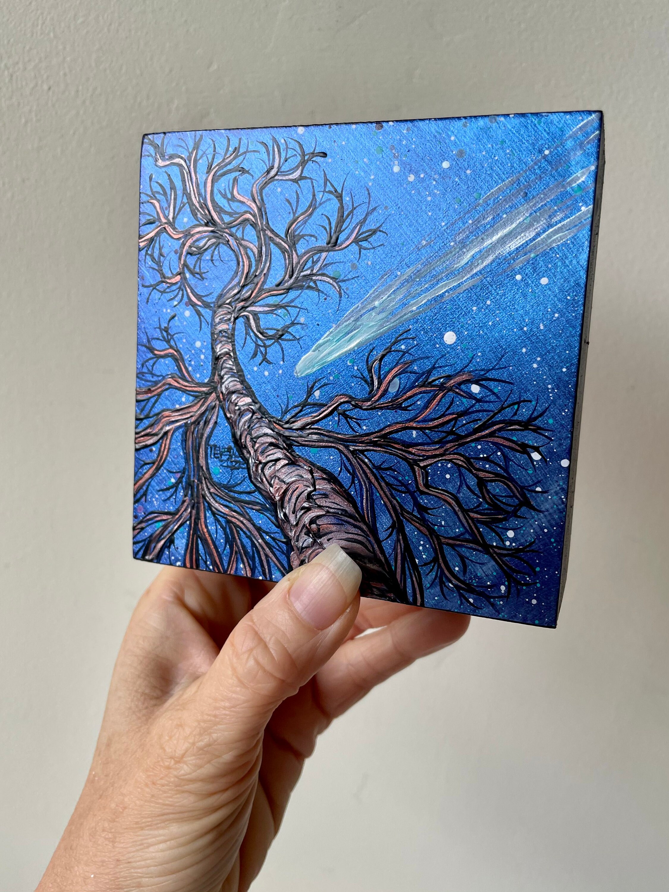 4x4” Shooting Star Metallic Tree painting by Tracy Levesque