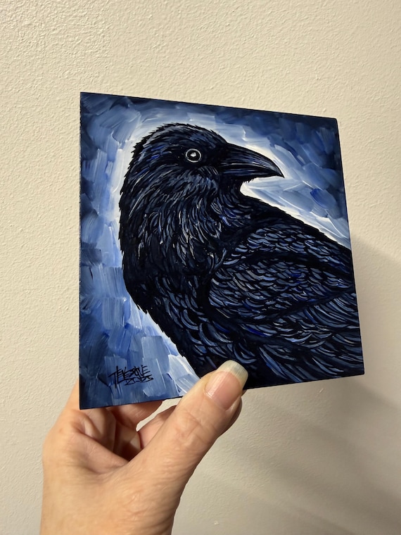 5x5” Cunning Corvid Raven Crow acrylic painting by Tracy Levesque