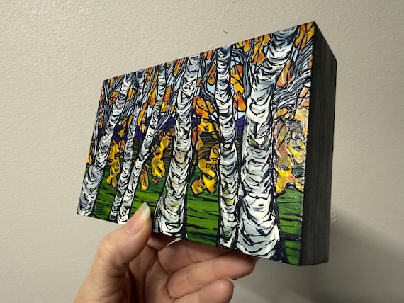 4x6” Golden Autumn Birch Tree Grove Painting by Tracy Levesque