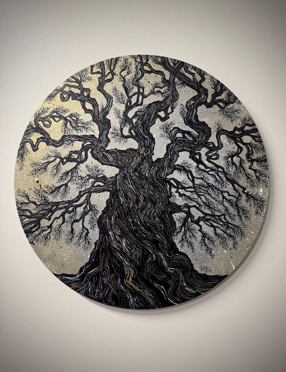Indomitable Spirit, Iridescent Tree of Life Painting: 24” Round Acrylic Art by Tracy Levesque
