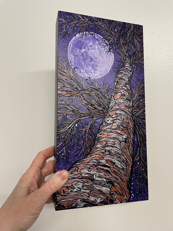 6x12” Purple Mystery Tree Looking Up the Tree Night Sky Full Moon original painting by Tracy Levesque