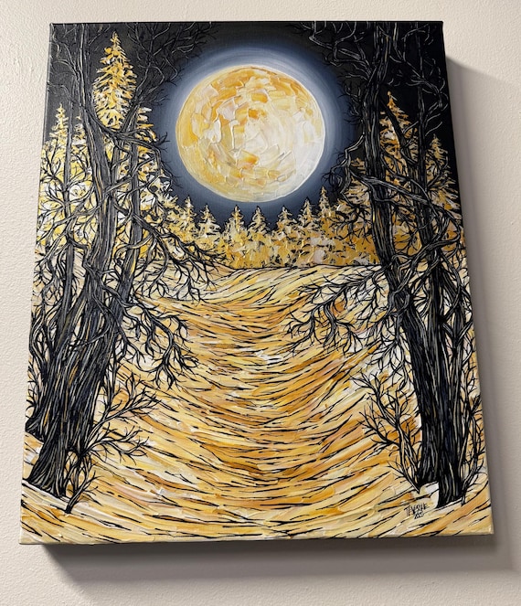 Guided by Moonlight Painting: Full Moon Snow Scene, 16x20" Original Acrylic