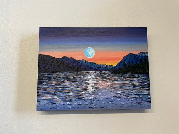 9x12” Lake Cushman Moon Olympic Peninsula Pacific Northwest original painting by Tracy Levesque