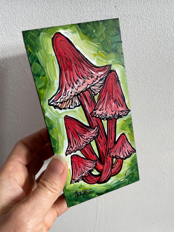 3x6” Mushroom Painting Red Mycenas by Tracy Levesque