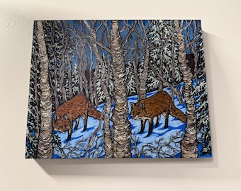 Red Fox in the Birch Trees Winter Painting: Tracy Levesque Art, 16x20"