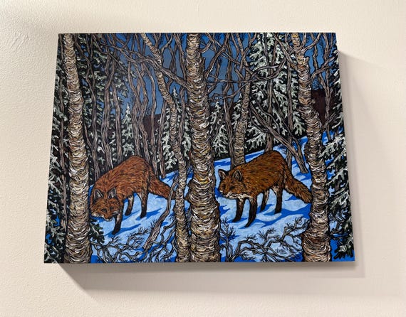Red Fox in the Birch Trees Winter Painting: Tracy Levesque Art, 16x20"