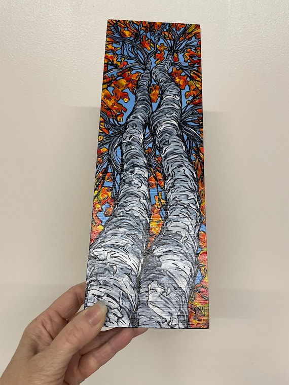 4x12” Autumn Birch Tree Comrades Fall Birch Looking Up the Trees original acrylic painting by Tracy Levesque