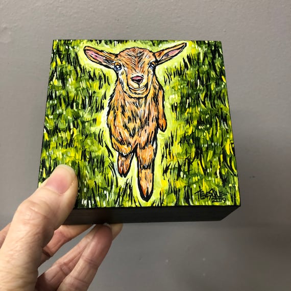 4x4” Goat on the Green original acrylic painting by Tracy Levesque