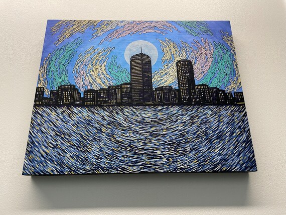 16x20” Ice Clouds Over Boston Cityscape Boston Skyline acrylic painting by Tracy Levesque