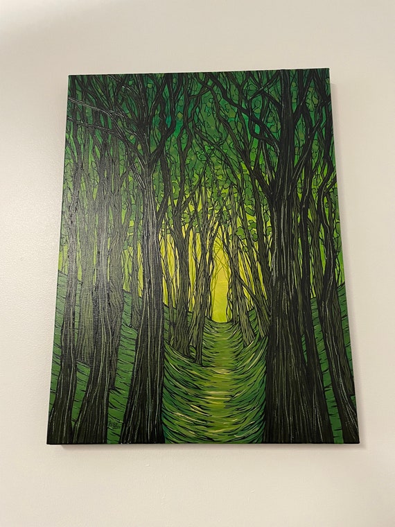 18x24” The Mysterious Green Path Walking through the Trees Painting by Tracy Levesque