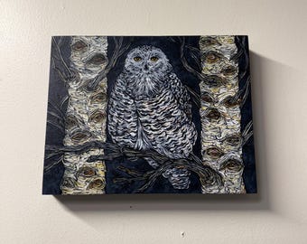 Snowy Owl Acrylic Painting: Night Trees, Wood Panel Art (11x14")