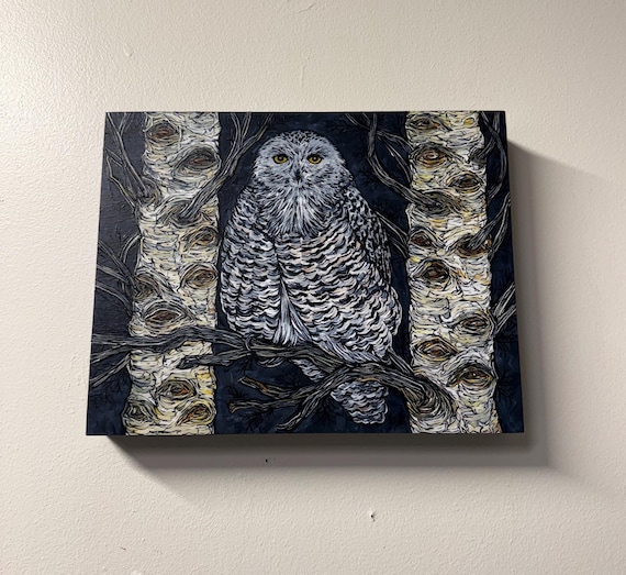 Snowy Owl Acrylic Painting: Snowy Owl in the Trees (11x14”)