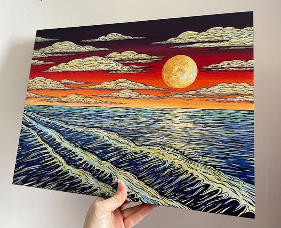 12x16” Chromatic Summer Sea Red Sunset Seascape original acrylic painting by Tracy Levesque