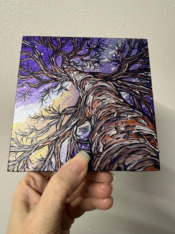 5x5” Iridescent Night Sky Cosmic Tree acrylic painting by Tracy Levesque