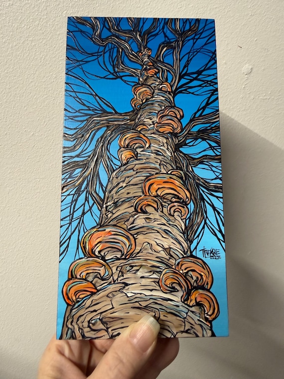 4x8” Winter Fungi Birch Tree Painting by Tracy Levesque