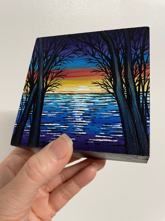 4x4” Rainbow Sunset Ocean View Through the Trees JB45 original acrylic mini painting by Tracy Levesque