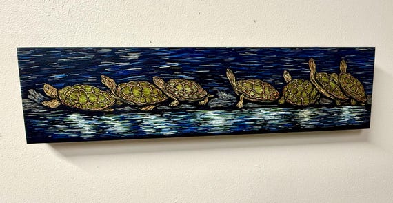 6x24” The Lazy Sunbathers Turtles on a Log Wonderful Nature painting by Tracy Levesque