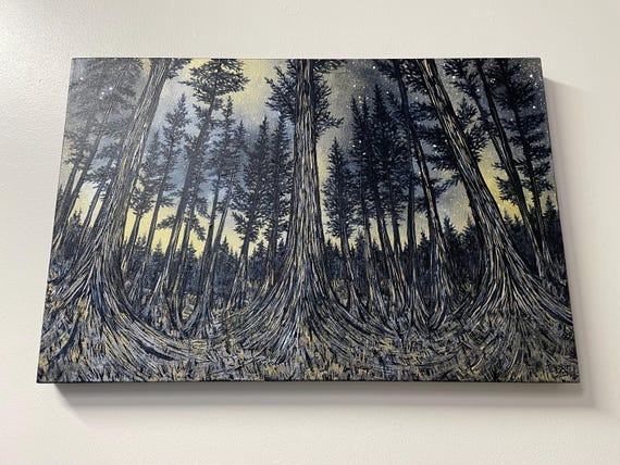 20x30” Iridescent Night Painting Old Growth Forest Pacific Northwest Ancient Trees original acrylic painting by Tracy Levesque