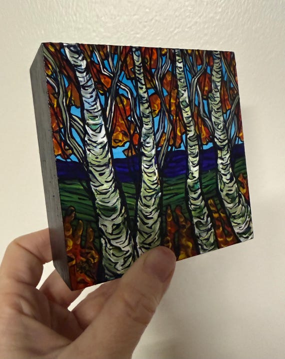 4x4" New England Birch Grove Autumn Birch Tree painting by Tracy Levesque