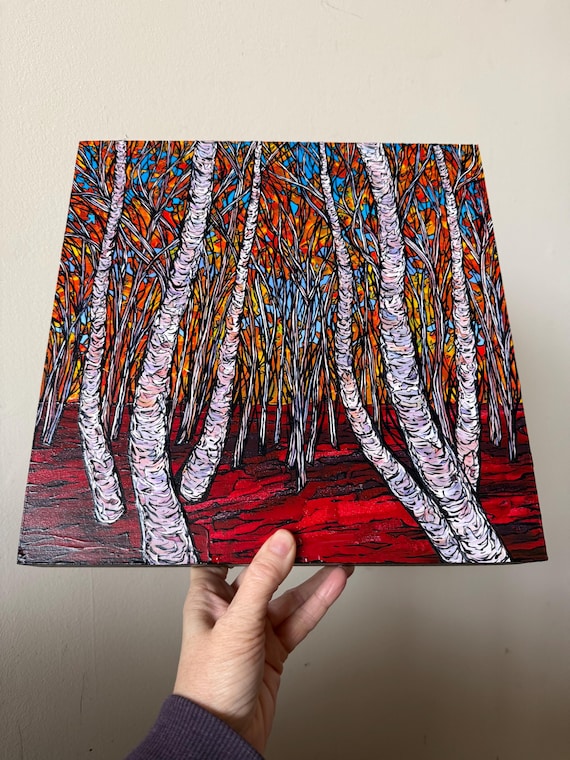 Gorgeous Fall Birch Tree Grove Painting: Autumn Birch Tree Acrylic Art (12x12)