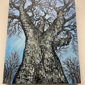 May include: A painting of a large tree with a thick trunk and many branches reaching up towards a blue sky. The tree is painted in a realistic style with a focus on the texture of the bark.