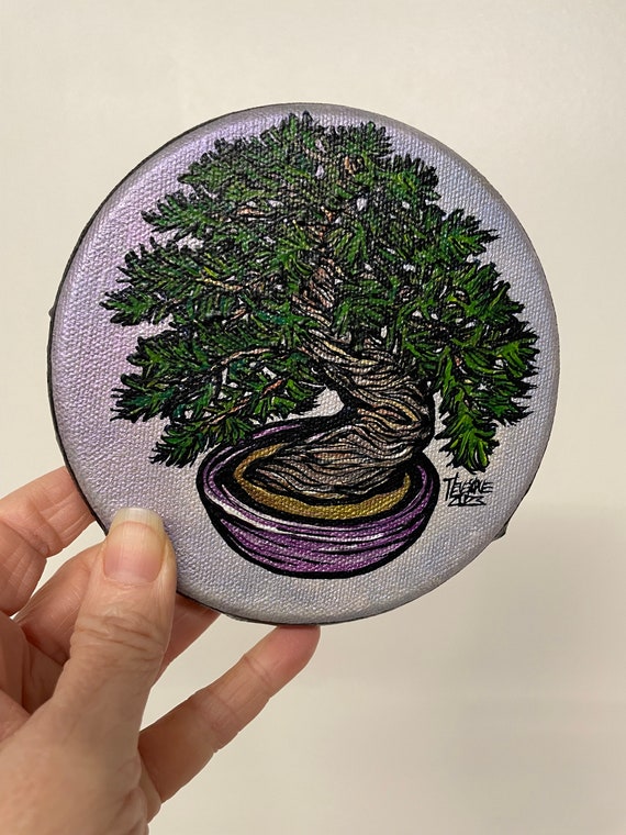 5” Round Lucky Bonsai Twisted Bonsai Tree Original Acrylic painting by Tracy Levesque