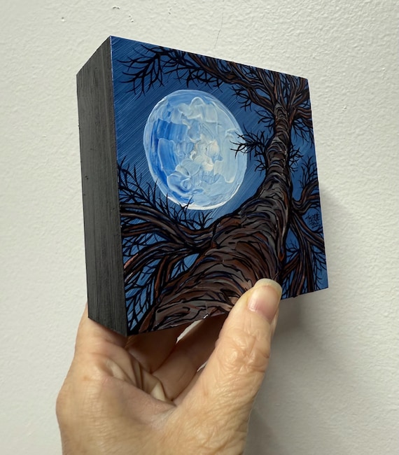 4x4" Night Moon 1 Looking up the Tree Trunk Iridescent Night Sky acrylic mini painting by Tracy Levesque