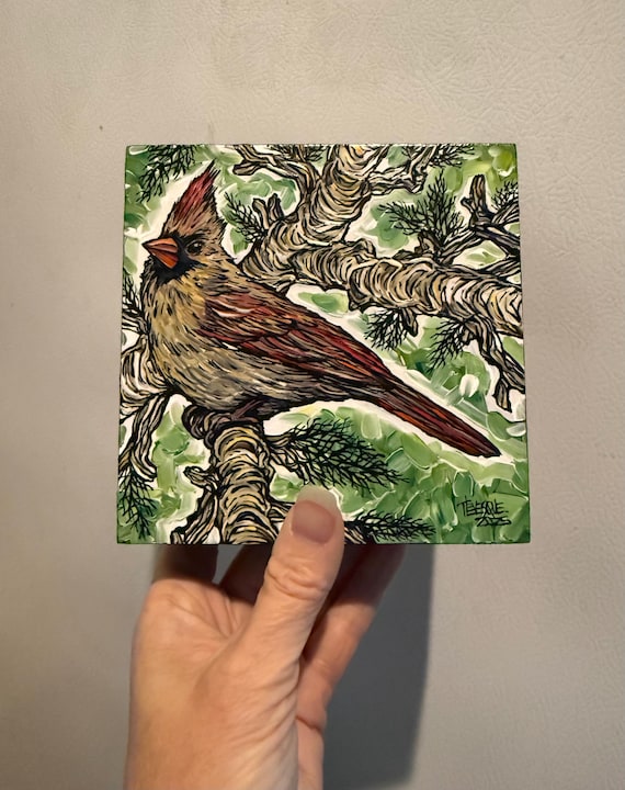 5x5” Regal Queen Cardinal Female Northern Cardinal charming bird painting by Tracy Levesque